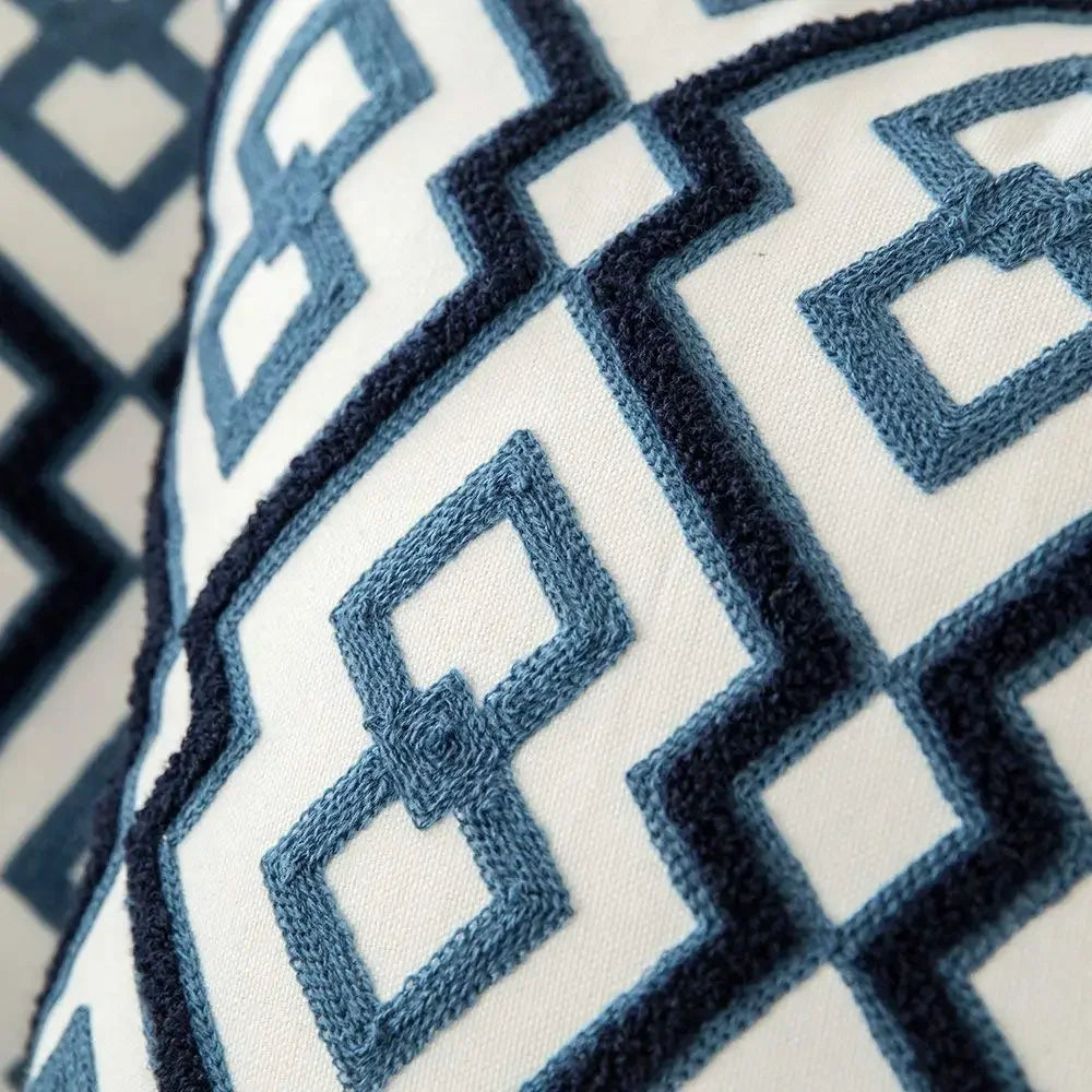 Home Decor Embroidered Cushion Cover Navy Blue/White Geometric Floral Canvas Cotton Suqare Embroidery Pillow Cover 45X45Cm