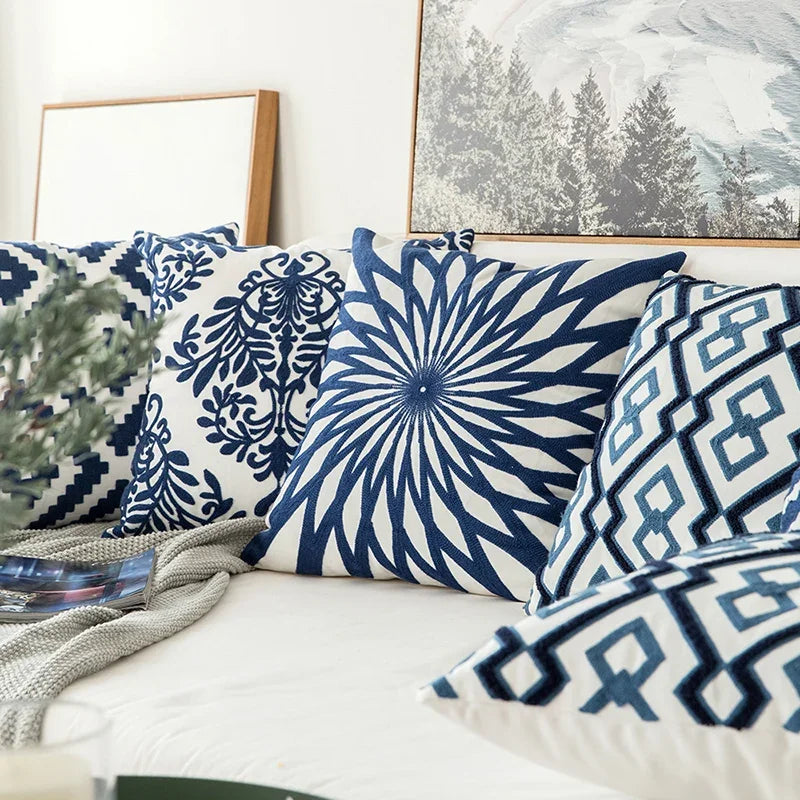 Home Decor Embroidered Cushion Cover Navy Blue/White Geometric Floral Canvas Cotton Suqare Embroidery Pillow Cover 45X45Cm