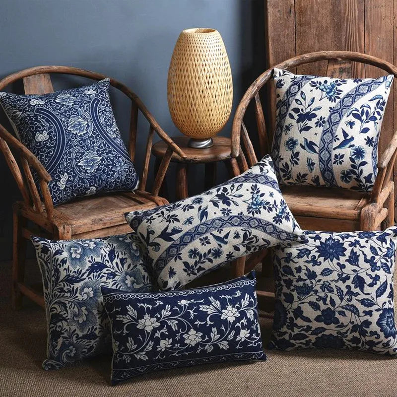 Blue Porcelain Pattern China Flower Decorative Pillow Sham（No Pillow Core Inside）Linen Cotton Sofa Cushion /Car Throw Pillowcase